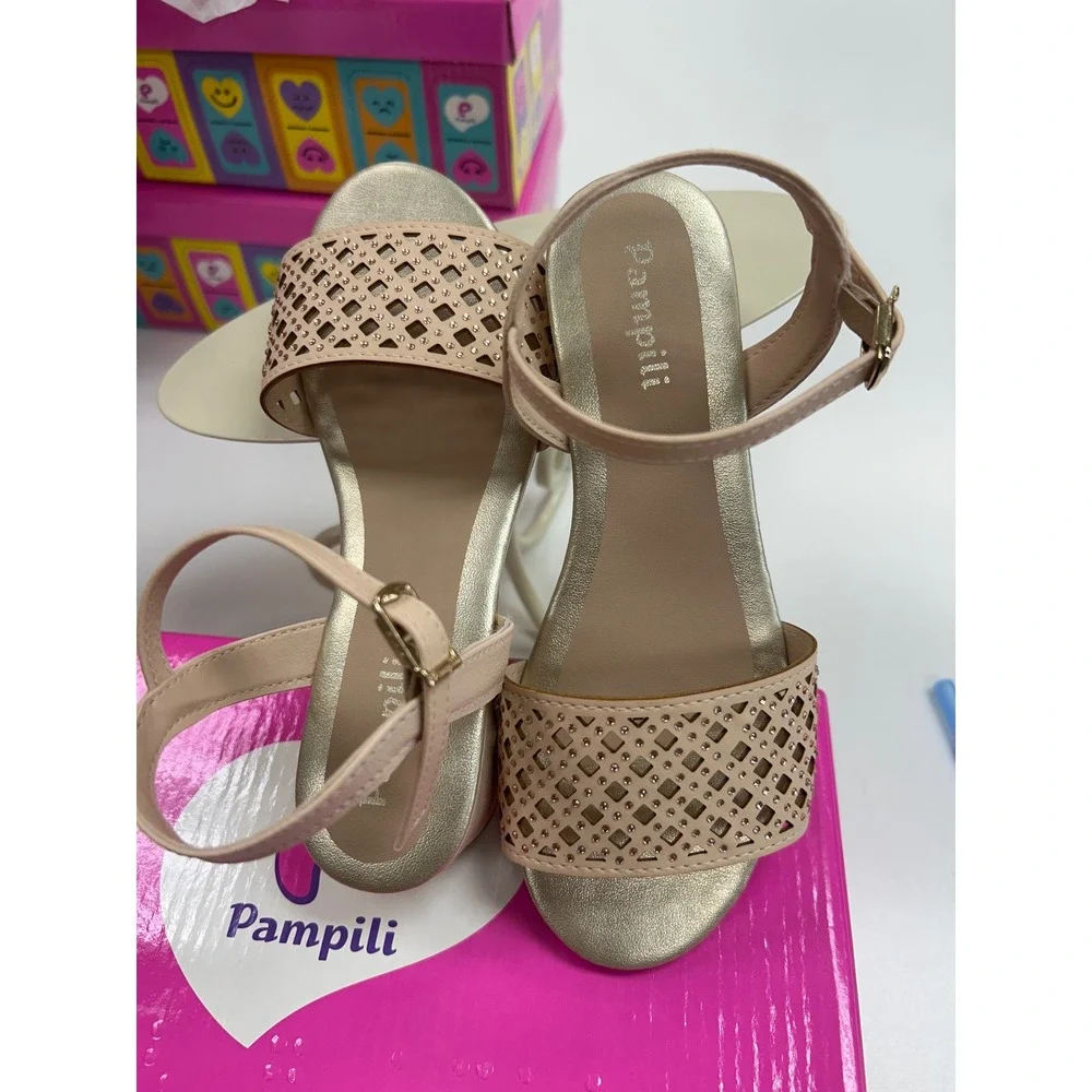 Pampili Girls Pink Laser Cut Rhinestone Dress Sandals Low Block Heel Metallic